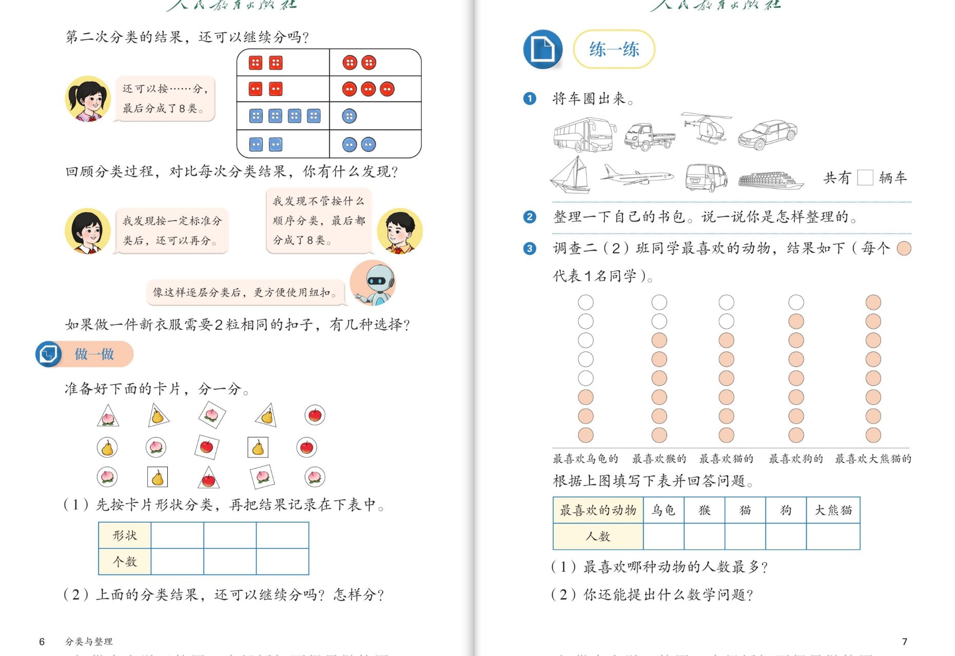 课本第6~7页：第二次分类还可以继续分；回顾分类过程的发现；做一做卡片分类；练一练圈车、整理书包、调查喜欢的动物