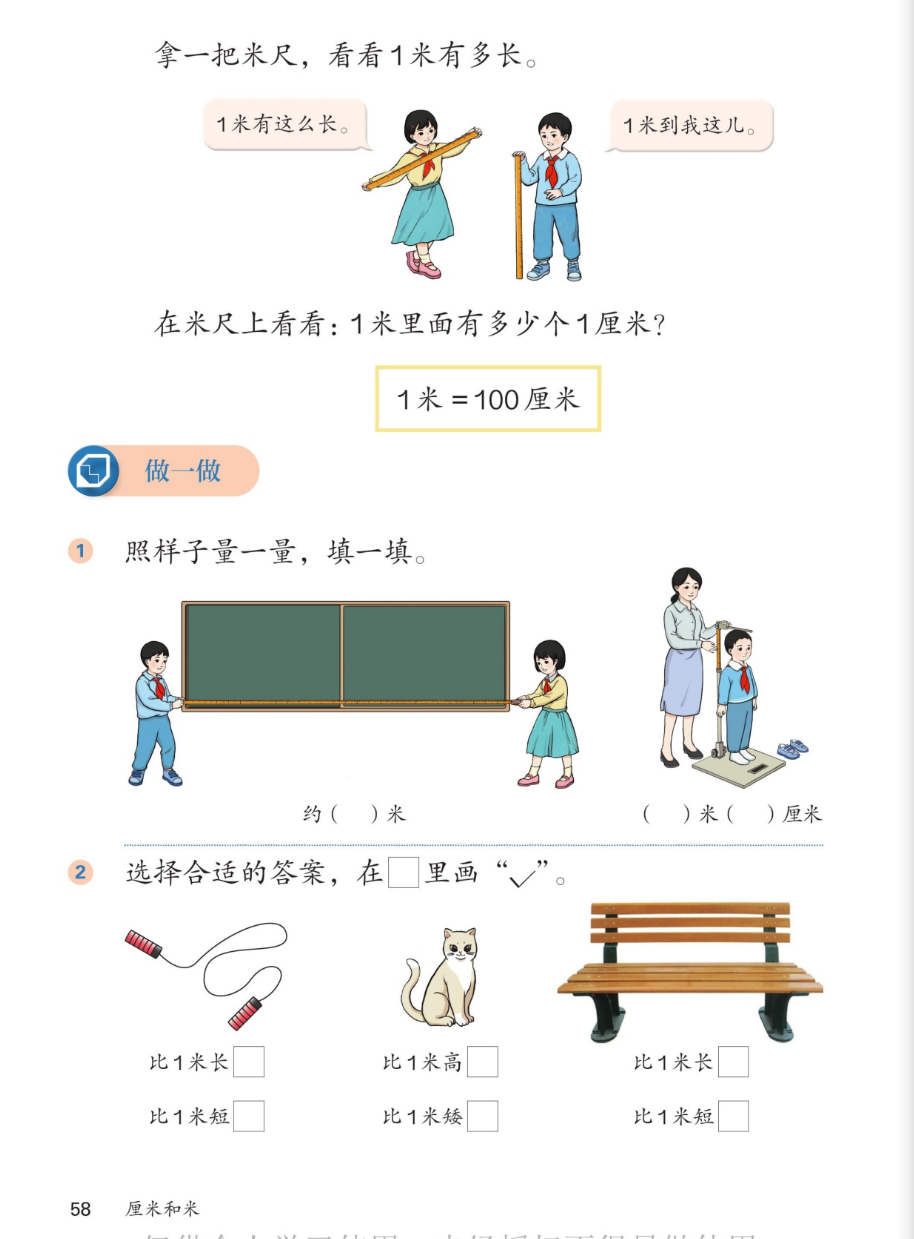课本第58页：拿一把米尺，看看1米有多长。女孩：1米有这么长。男孩：1米到我这儿。在米尺上看看：1米里面有多少个1厘米？1米=100厘米。做一做：1.照样子量一量，填一填。黑板约几米；身高几米几厘米。2.选择合适的答案，在方框里画对勾：跳绳比1米长、比1米短；猫比1米高、比1米矮；长椅比1米长、比1米短。