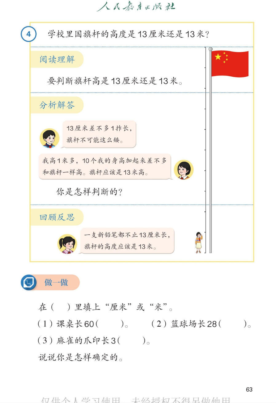 课本第63页：例4 学校里国旗杆的高度是13厘米还是13米？阅读理解：要判断旗杆高是13厘米还是13米。分析解答：男孩：13厘米差不多1拃长，旗杆不可能这么矮。女孩：我高1米多，10个我的身高加起来差不多和旗杆一样高。旗杆应该是13米高。你是怎样判断的？回顾反思：女孩：一支新铅笔都不止13厘米长，旗杆的高度应该是13米。做一做：在括号里填上厘米或米：(1)课桌长60厘米；(2)篮球场长28米；(3)麻雀的爪印长3厘米。说说你是怎样确定的。