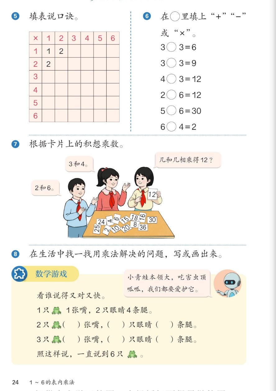 课本第24页练一练：5填表说口诀，1到6的乘法表格；6在圆圈里填上加号减号或乘号：3○3=6、3○3=9、4○3=12、2○6=12、5○6=30、6○4=2；7根据卡片上的积想乘数，卡片12，3和4、2和6，桌上卡片有25、24、2、10、4、6、15、20、8、18、36、16、30；8在生活中找一找用乘法解决的问题，写或画出来。数学游戏：数青蛙，1只青蛙1张嘴，2只眼睛4条腿；2只青蛙几张嘴几只眼睛几条腿；3只青蛙；照这样说到6只青蛙。