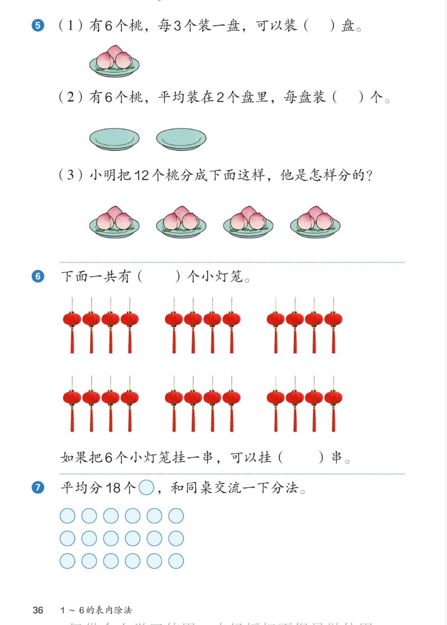 课本第36页练一练：5（1）有6个桃，每3个装一盘，可以装2盘，图上是一个装着3个桃的盘子；（2）有6个桃，平均装在2个盘里，每盘装3个，图上是2个空盘；（3）小明把12个桃分成下面这样，图上是4个盘子，每盘3个桃。6下面一共有24个小灯笼，图上6串，每串4个；如果把6个小灯笼挂一串，可以挂4串。7平均分18个圆片，和同桌交流一下分法，图上是18个蓝色圆片。