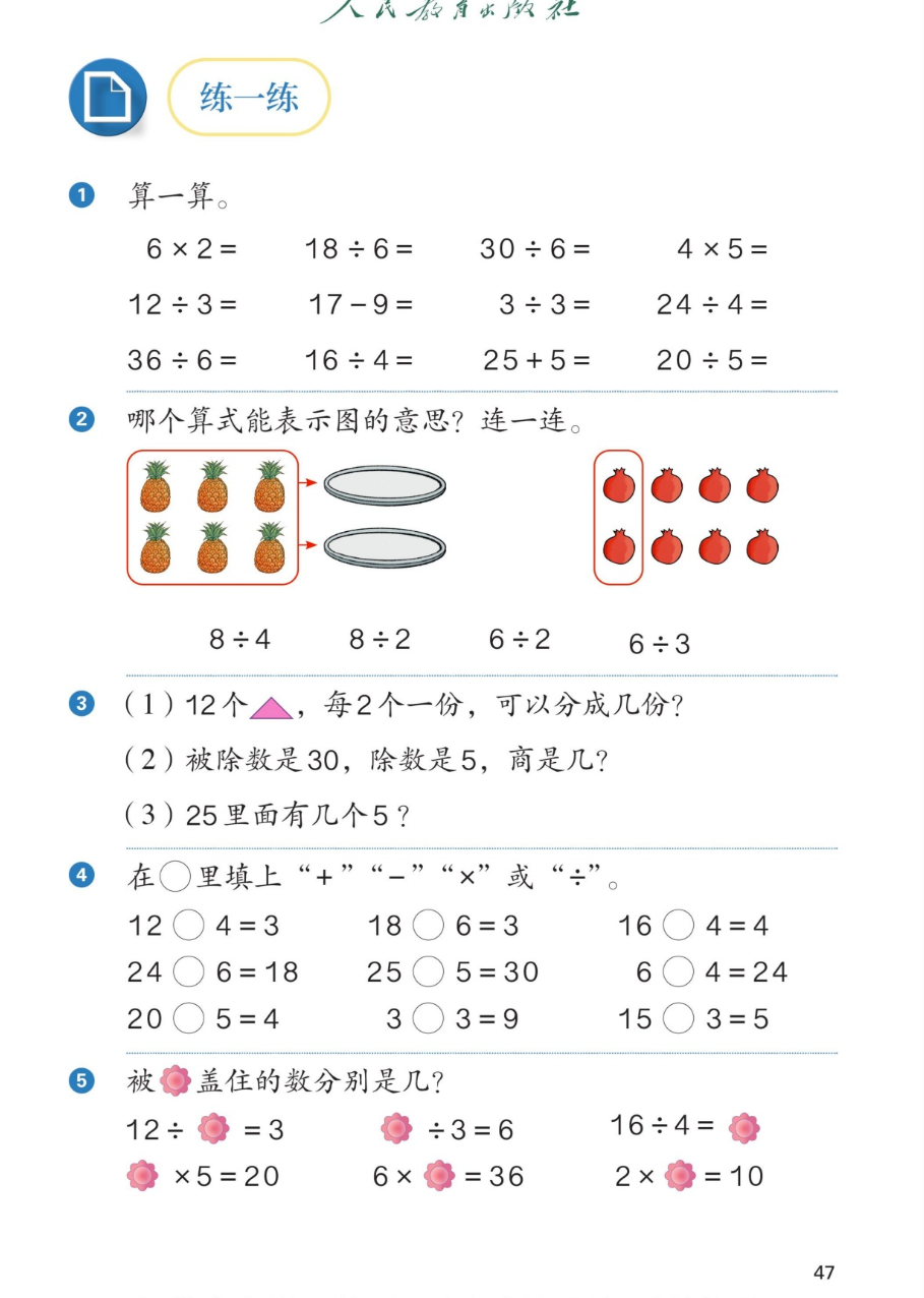 课本第47页练一练：1算一算：6×2、18÷6、30÷6、4×5；12÷3、17-9、3÷3、24÷4；36÷6、16÷4、25+5、20÷5。2哪个算式能表示图的意思？连一连：左边6个菠萝装2个盘子，右边8个石榴每2个圈一份；选项有8÷4、8÷2、6÷2、6÷3。3(1)12个三角形每2个一份可以分成几份？(2)被除数是30除数是5商是几？(3)25里面有几个5？4在圆圈里填上加、减、乘、除号：12○4=3、18○6=3、16○4=4、24○6=18、25○5=30、6○4=24、20○5=4、3○3=9、15○3=5。5被花盖住的数分别是几？12÷花=3、花÷3=6、16÷4=花、花×5=20、6×花=36、2×花=10。