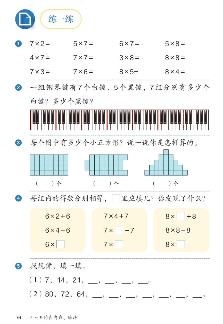 课本第76页练一练：第1题12道乘法算式：7×2= 5×7= 6×7= 5×8= 4×7= 7×7= 3×8= 8×8= 7×3= 7×6= 8×5= 8×4=。第2题：一组钢琴键有7个白键、5个黑键，7组分别有多少个白键？多少个黑键？附钢琴键盘图。第3题：每个图中有多少个小正方形？说一说你是怎样算的。三个图（4行8列长方形、不规则图、金字塔形），各填（ ）个。第4题：每组内的得数分别相等，方框里应填几？你发现了什么？三个黄框：6×2+6、6×4−6、6×□；7×4+7、7×□−7、7×□；8×□+8、8×8−8、8×□。第5题：找规律，填一填。(1) 7、14、21、…… (2) 80、72、64、……