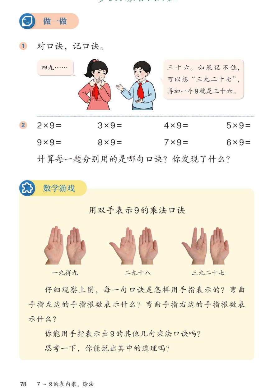 课本第78页：做一做。第1题：对口诀，记口诀。女同学说四九……男同学说三十六。如果记不住，可以想三九二十七，再加一个9就是三十六。第2题：2×9= 3×9= 4×9= 5×9= 9×9= 8×9= 7×9= 6×9=。计算每一题分别用的是哪句口诀？你发现了什么？数学游戏：用双手表示9的乘法口诀。三幅手图：一九得九、二九十八、三九二十七。仔细观察上图，每一句口诀是怎样用手指表示的？弯曲手指左边的手指根数表示什么？弯曲手指右边的手指根数表示什么？你能用手指表示出9的其他几句乘法口诀吗？思考一下，你能说出其中的道理吗？